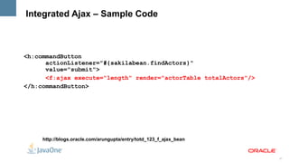 Integrated Ajax – Sample Code



<h:commandButton
      actionListener="#{sakilabean.findActors}"
      value="submit">
      <f:ajax execute="length" render="actorTable totalActors"/>
</h:commandButton>




     http://blogs.oracle.com/arungupta/entry/totd_123_f_ajax_bean


                                                                    21
 