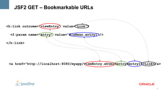 JSF2 GET – Bookmarkable URLs


<h:link outcome="viewEntry" value="Link">

 <f:param name="entry" value="#{aBean.entry}"/>

</h:link>




 <a href="http://localhost:8080/myapp/viewEntry.xhtml?entry=entry1">Link</a>




                                                                         25
 