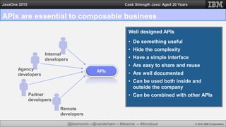 @jduimovich --@vanderham -- #bluemix -- #ibmcloud © 2015 IBM Corporation
JavaOne 2015 Cask Strength Java: Aged 20 Years
APIs are essential to composable business
APIs
Well designed APIs
• Do something useful
• Hide the complexity
• Have a simple interface
• Are easy to share and reuse
• Are well documented
• Can be used both inside and
outside the company
• Can be combined with other APIs
Agency
developers
Partner
developers
Internal
developers
Remote
developers
 