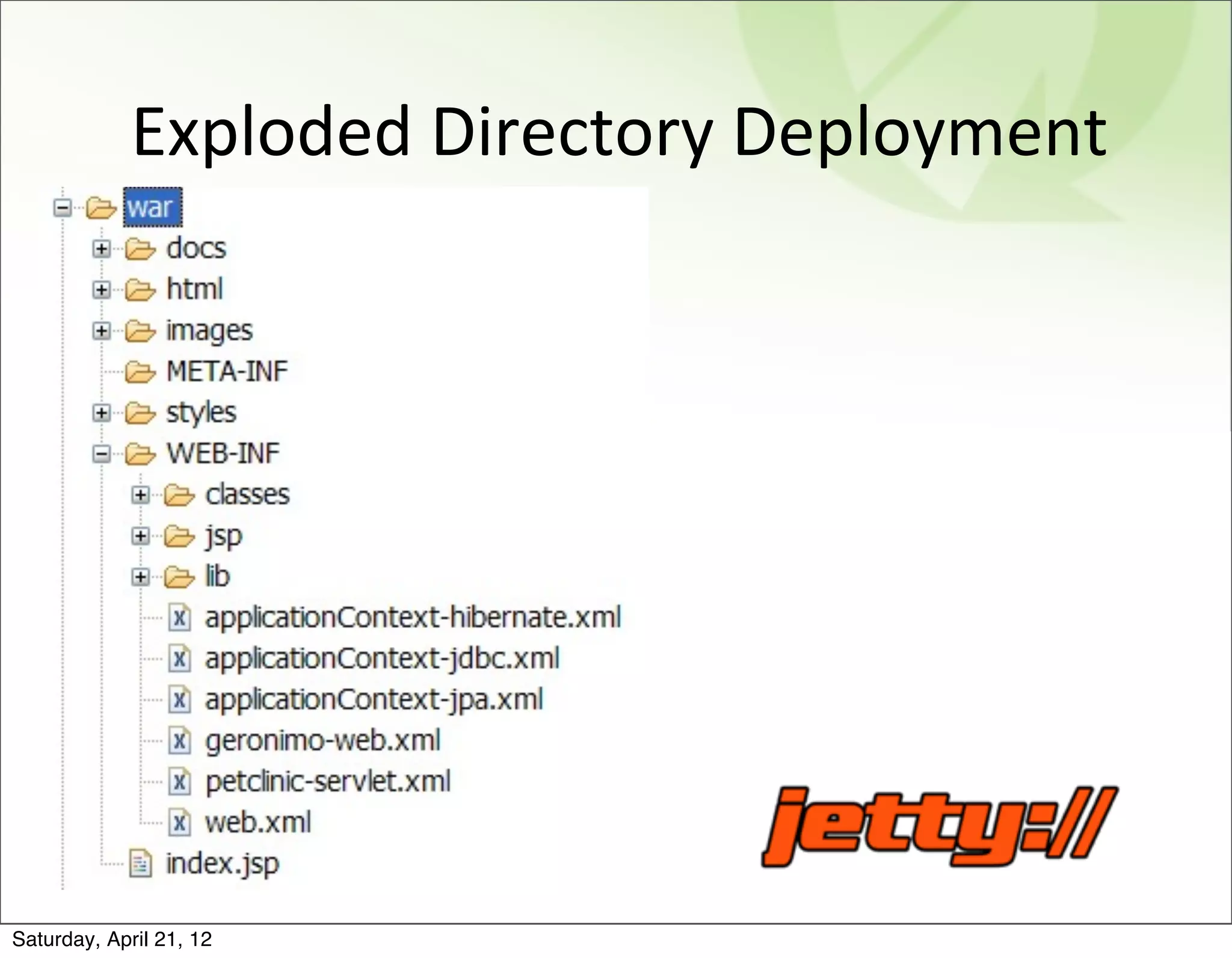 Exploded	
  Directory	
  Deployment




Saturday, April 21, 12
 
