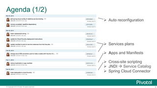 Agenda (1/2) 
 Auto reconfiguration 
 Services plans 
 Apps and Manifests 
 Cross-site scripting 
 JNDI  Service Cat...