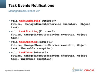 Copyright © 2013, Oracle and/or its affiliates. All rights reserved.40
Task Events Notifications
ManagedTaskListener API
 void taskSubmitted(Future<?>
future, ManagedExecutorService executor, Object
task)
 void taskStarting(Future<?>
future, ManagedExecutorService executor, Object
task)
 void taskAborted(Future<?>
future, ManagedExecutorService executor, Object
task, Throwable exception)
 void taskDone(Future<?>
future, ManagedExecutorService executor, Object
task, Throwable exception)
 