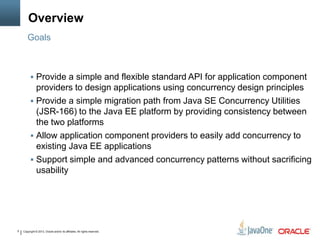 Copyright © 2013, Oracle and/or its affiliates. All rights reserved.5
Overview
 Provide a simple and flexible standard API for application component
providers to design applications using concurrency design principles
 Provide a simple migration path from Java SE Concurrency Utilities
(JSR-166) to the Java EE platform by providing consistency between
the two platforms
 Allow application component providers to easily add concurrency to
existing Java EE applications
 Support simple and advanced concurrency patterns without sacrificing
usability
Goals
 