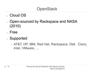 The Cloud
Taming the Cloud Database with Apache jclouds http://rack.
to/jo14db
14
➢ Advantages
➢ Metered pricing (pay as you go)
➢ Project scalability (unlimited)
➢ Safer (offsite/redundant)
➢ Economies of scale
➢ Expertise
➢ Support
 