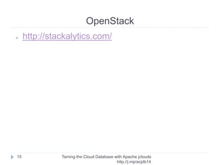 The Cloud
Taming the Cloud Database with Apache jclouds http://rack.
to/jo14db
15
➢ Disadvantages
➢ Less hardware control
➢ Provider-controlled downtime
➢ Virtualization (efficiency)
➢ Provider lock-in
➢ Provider-specific apis/sdks/features
➢ Expensive to switch clouds or deploy locally
➢ jclouds minimizes this disadvantage
 
