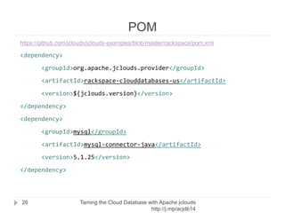 Requirements
Taming the Cloud Database with Apache jclouds http://rack.
to/jo14db
26
➢ Maven 3
➢ Java 7+
➢ jclouds
➢ Windows or Linux [etc..] (thanks Java!)
 