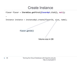 Initialize
Taming the Cloud Database with Apache jclouds http://rack.
to/jo14db
36
private final FlavorApi flavorApi;
flavorApi = troveApi.getFlavorApiForZone(ZONE);
 