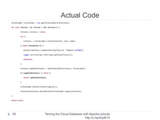 Create Instance
Taming the Cloud Database with Apache jclouds http://rack.
to/jo14db
39
Flavor flavor = Iterables.getFirst(flavorApi.list(), null);
…
Instance instance = instanceApi.create(flavorId, size, name);
flavor.getId()
Volume size in
GB
 