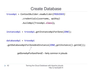 Actual Code
Taming the Cloud Database with Apache jclouds http://rack.
to/jo14db
42
InstanceApi instanceApi = api.getInstanceApiForZone(zone);
for (int retries = 0; retries < 10; retries++) {
Instance instance = null;
try {
instance = instanceApi.create(flavorId, size, name);
} catch (Exception e) {
Uninterruptibles.sleepUninterruptibly(15, TimeUnit.SECONDS);
logger.error(Arrays.toString(e.getStackTrace()));
continue;
}
Instance updatedInstance = awaitAvailable(instance, instanceApi);
if (updatedInstance != null) {
return updatedInstance;
}
instanceApi.delete(instance.getId());
InstancePredicates.awaitDeleted(instanceApi).apply(instance);
}
return null;
 