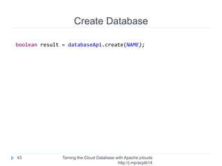 Actual Code
Taming the Cloud Database with Apache jclouds http://rack.
to/jo14db
43
Utils.
getWorkingInstance(
String zone,
String name,
String flavorId,
int size)
 