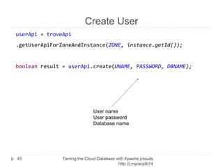 Create Database
Taming the Cloud Database with Apache jclouds http://rack.
to/jo14db
45
troveApi = ContextBuilder.newBuilder(PROVIDER)
.credentials(username, apiKey)
.buildApi(TroveApi.class);
instanceApi = troveApi.getInstanceApiForZone(ZONE);
databaseApi = troveApi
.getDatabaseApiForZoneAndInstance(ZONE,getInstance().getId());
getSomeApiForXandYandZ – fairly common in jclouds
 