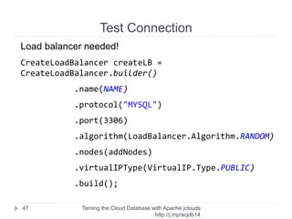 Java Project
Taming the Cloud Database with Apache jclouds http://rack.
to/jo14db
47
Skeleton
Project
Create User
Create Instance
Initialize API
Create Database
Test Connection
Cleanup
 