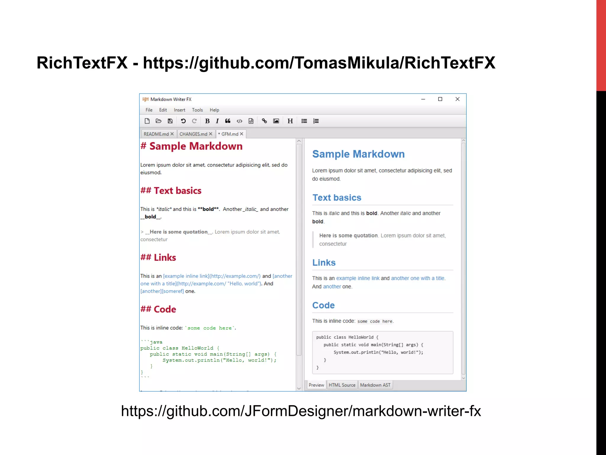 RichTextFX - https://github.com/TomasMikula/RichTextFX
https://github.com/JFormDesigner/markdown-writer-fx
 