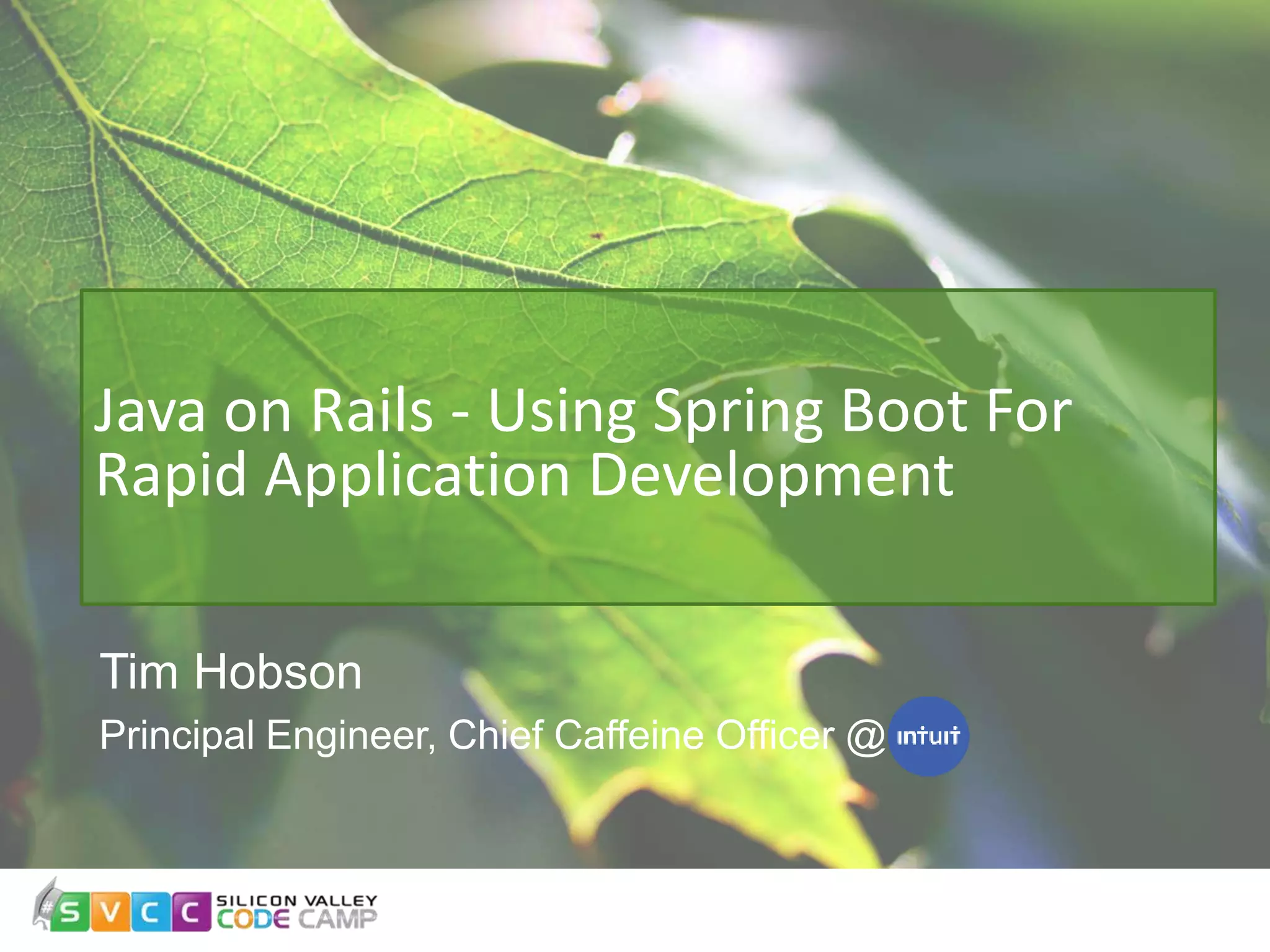 Tim Hobson Principal Engineer, Chief Caffeine Officer @ Java on Rails - Using Spring Boot For Rapid Application Development 
