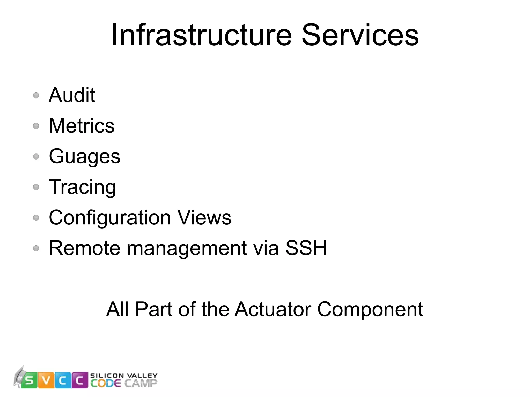 Infrastructure Services 19 Audit Metrics Guages Tracing Configuration Views Remote management via SSH All Part of the Actuator Component 