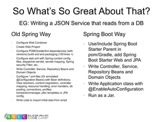 So What’s So Great About That?
EG: Writing a JSON Service that reads from a DB
18
Spring Boot Way
• Use/Include Spring Boot
Starter Parent in
pom/Gradle, add Spring
Boot Starter Web and JPA
• Write Controller, Service,
Repository Beans and
Domain Objects
• Write Application class with
@EnableAutoConfiguration
• Run as a Jar.
Old Spring Way
• Configure Web Container
• Create Web Project
• Configure POM/Gradle/Ant dependencies (with
versions) build and and packaging (150 lines +)
• Configure web.xml with Spring context config
files, dispatcher servlet, servlet mapping, Spring
security Filter, etc..
• Write Controller, Service, Repository Beans and
Domain Objects
• Configure *.xml files (Or annotated
@Configuration Beans) with Bean definitions,
View resolvers, content-negotiation, controller
mapping, resource handling, error handlers, db
pooling, connections, profiles,
transactionmanager, jdbc templates or JPA
config.
• Write code to import initial data from script
 