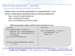 © 2014 IBM Corporation16
Data Access Accelerator – example
Problem: there is no intrinsic representation of a “packed deci...