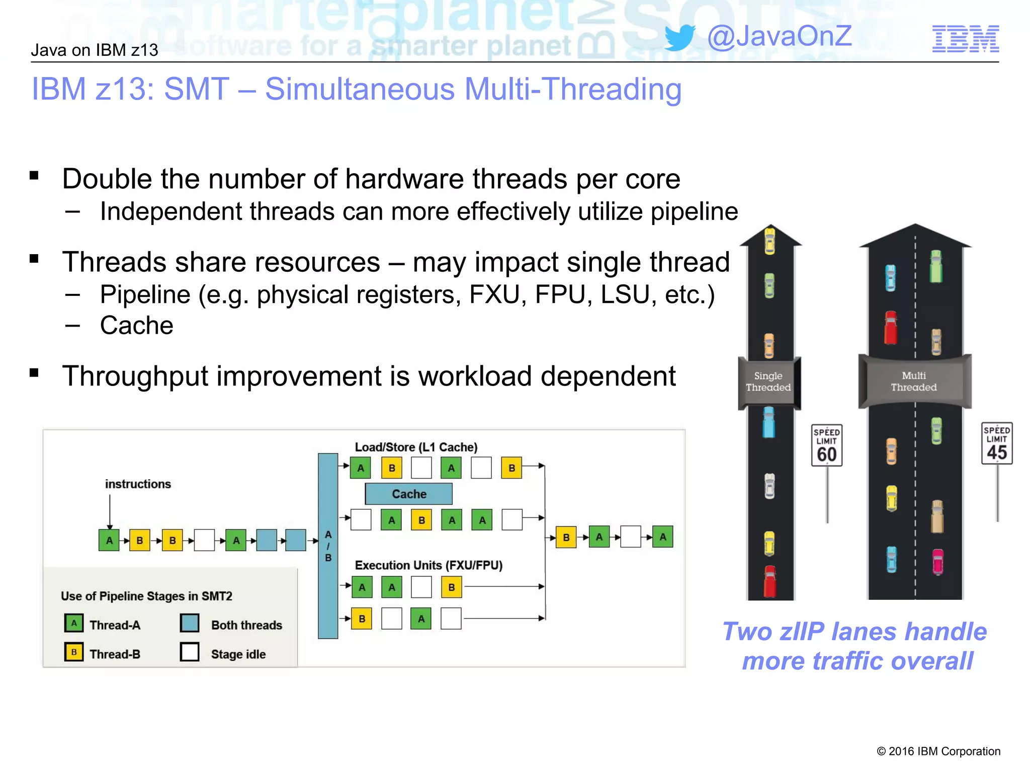 © 2016 IBM Corporation
Java on IBM z13
@JavaOnZ
IBM z13: SMT – Simultaneous Multi-Threading
 Double the number of hardware threads per core
– Independent threads can more effectively utilize pipeline
 Threads share resources – may impact single thread perf
– Pipeline (e.g. physical registers, FXU, FPU, LSU, etc.)
– Cache
 Throughput improvement is workload dependent
Two zIIP lanes handle
more traffic overall
 
