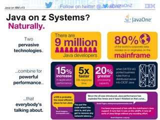 © 2016 IBM Corporation
Java on IBM z13
@JavaOnZFollow on twitter @JavaOnZ
Java on z Systems?
 