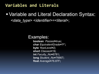 Variables and Literals

 Variable and Literal Declaration Syntax:
  <data_type> <identifier>=<literal>;



            Examples:
               boolean Passed=true;
               char EquivalentGrade=’F’;
               byte YearLevel=2;
               short Classes=19;
               int Faculty_No=6781;
               long Student_No=76667;
               float Average=76.87F;
 