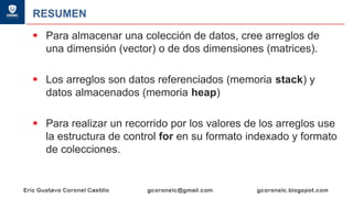 RESUMEN
▪ Para almacenar una colección de datos, cree arreglos de
una dimensión (vector) o de dos dimensiones (matrices).
▪ Los arreglos son datos referenciados (memoria stack) y
datos almacenados (memoria heap)
▪ Para realizar un recorrido por los valores de los arreglos use
la estructura de control for en su formato indexado y formato
de colecciones.
 