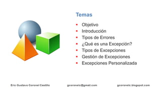 Temas
▪ Objetivo
▪ Introducción
▪ Tipos de Errores
▪ ¿Qué es una Excepción?
▪ Tipos de Excepciones
▪ Gestión de Excepcione...