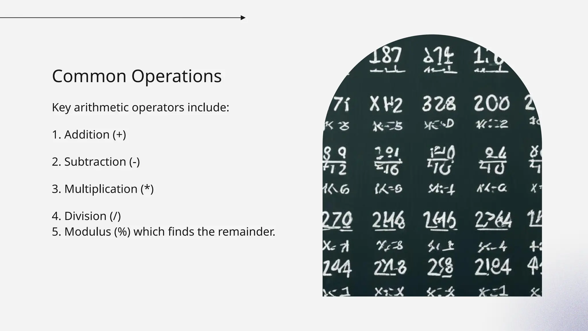 Common Operations
Key arithmetic operators include:
1. Addition (+)
2. Subtraction (-)
3. Multiplication (*)
4. Division (/)
5. Modulus (%) which finds the remainder.
 
