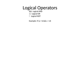 Logical Operators
&& Logical AND
|| Logical OR
! Logical NOT
Example: if (a > b && c > d)
 