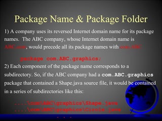 Package Name & Package Folder
1) A company uses its reversed Internet domain name for its package
names. The ABC company, whose Internet domain name is
ABC.com, would precede all its package names with com.ABC

       package com.ABC.graphics;
2) Each component of the package name corresponds to a
subdirectory. So, if the ABC company had a com.ABC.graphics
package that contained a Shape.java source file, it would be contained
in a series of subdirectories like this:

    ....comABCgraphicsShape.java
    ....comABCgraphicsCircle.java
                 . . .
 
