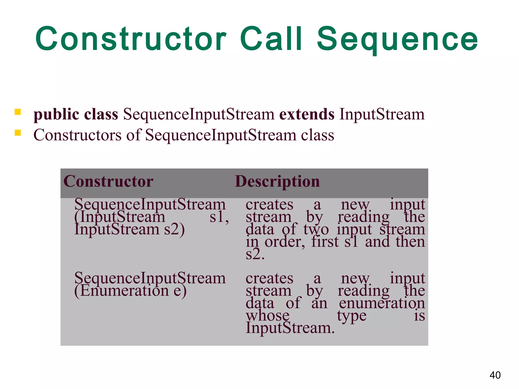 40
Constructor Call Sequence
 public class SequenceInputStream extends InputStream
 Constructors of SequenceInputStream class
Constructor Description
SequenceInputStream
(InputStream  s1, 
InputStream s2)
creates  a  new  input 
stream  by  reading  the 
data  of  two  input  stream 
in order, first s1 and then 
s2.
SequenceInputStream
(Enumeration e)
creates  a  new  input 
stream  by  reading  the 
data  of  an  enumeration 
whose  type  is 
InputStream.
 
