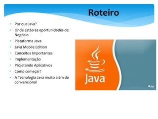 Roteiro
• Por que java?
• Onde estão as oportunidades de
  Negócio
• Plataforma Java
• Java Mobile Edition
• Conceitos Importantes
• Implementação
• Projetando Aplicativos
• Como começar?
• A Tecnologia Java muito além do
  convencional
 