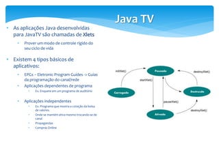 Java TV
• As aplicações Java desenvolvidas
  para JavaTV são chamadas de Xlets
    •   Prover um modo de controle rígido do
        seu ciclo de vida

• Existem 4 tipos básicos de
  aplicativos:
    •   EPGs – Eletronic Program Guides -> Guias
        da programação do canal/rede
    •   Aplicações dependentes de programa
          •   Ex. Enquete em um programa de auditório


    •   Aplicações independentes
          •   Ex. Programa que mostra a cotação da bolsa
              de valores.
          •   Onde se mantém ativa mesmo trocando-se de
              canal
          •   Propagandas
          •   Compras Online
 