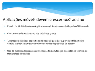 Aplicações móveis devem crescer 102% ao ano
• Estudo da Mobile Business Applications and Services concluído pela ABI Research


• Crescimento de 102% ao ano nos próximos 5 anos


•   Liberação dos dados específicos do negócio para dar suporte ao trabalho de
    campo Melhoria expressiva dos recursos dos dispositivos de acesso


• Uso da mobilidade nas áreas de vendas, de manutenção e assistência técnica, de
  transportes e de saúde
 