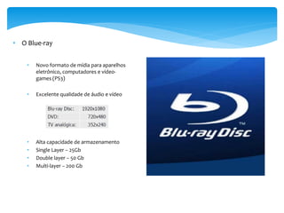 • O Blue-ray


    •   Novo formato de mídia para aparelhos
        eletrônico, computadores e vídeo-
        games (PS3)

    •   Excelente qualidade de áudio e vídeo




    •   Alta capacidade de armazenamento
    •   Single Layer – 25Gb
    •   Double layer – 50 Gb
    •   Multi-layer – 200 Gb
 