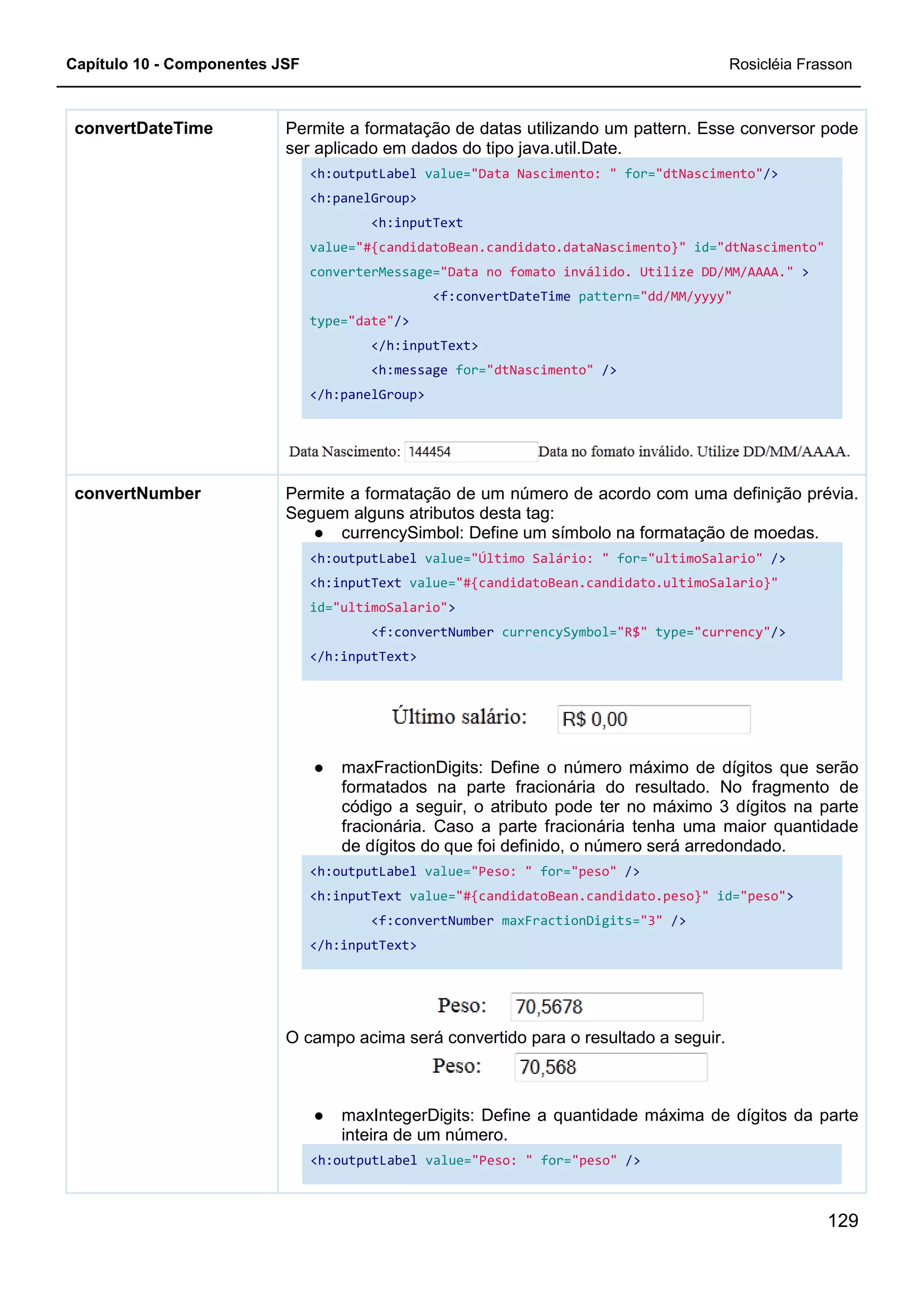 Capítulo 10 - Componentes JSF
Permite a formatação de datas
ser aplicado em dados do tipo java.util.Date.
<h:outputLabel
<h:panelGroup>
value=
converterMessage=
type=
</h:panelGroup>
convertDateTime
Permite a
Seguem alguns atributos desta tag:
●
<h:outputLabel
<h:inputText
id="ultimoSalario"
</h:inputText>
●
<h:outputLabel
<h:inputText
</h:inputText>
O campo acima será convertido para o resultado a seguir.
●
<h:outputLabel
convertNumber
Permite a formatação de datas utilizando um pattern. Esse conversor pode
ser aplicado em dados do tipo java.util.Date.
<h:outputLabel value="Data Nascimento: " for="dtNascimento"
<h:panelGroup>
<h:inputText
value="#{candidatoBean.candidato.dataNascimento}"
converterMessage="Data no fomato inválido. Utilize DD/MM/AAAA."
<f:convertDateTime pattern="dd/MM/yyyy"
type="date"/>
</h:inputText>
<h:message for="dtNascimento" />
</h:panelGroup>
Permite a formatação de um número de acordo com uma definição prévia.
Seguem alguns atributos desta tag:
currencySimbol: Define um símbolo na formatação de moedas.
<h:outputLabel value="Último Salário: " for="ultimoSalario"
<h:inputText value="#{candidatoBean.candidato.ultimoSalario}"
"ultimoSalario">
<f:convertNumber currencySymbol="R$" type=
</h:inputText>
maxFractionDigits: Define o número máximo de dígitos que serão
formatados na parte fracionária do resultado. No fragmento de
código a seguir, o atributo pode ter no máximo 3 dígitos na parte
fracionária. Caso a parte fracionária tenha uma maior quantidade
de dígitos do que foi definido, o número será arredondado.
<h:outputLabel value="Peso: " for="peso" />
<h:inputText value="#{candidatoBean.candidato.peso}"
<f:convertNumber maxFractionDigits="3"
</h:inputText>
O campo acima será convertido para o resultado a seguir.
maxIntegerDigits: Define a quantidade máxima de dígitos da parte
inteira de um número.
<h:outputLabel value="Peso: " for="peso" />
Rosicléia Frasson
129
utilizando um pattern. Esse conversor pode
"dtNascimento"/>
"#{candidatoBean.candidato.dataNascimento}" id="dtNascimento"
Utilize DD/MM/AAAA." >
"dd/MM/yyyy"
formatação de um número de acordo com uma definição prévia.
currencySimbol: Define um símbolo na formatação de moedas.
"ultimoSalario" />
didato.ultimoSalario}"
type="currency"/>
maxFractionDigits: Define o número máximo de dígitos que serão
formatados na parte fracionária do resultado. No fragmento de
código a seguir, o atributo pode ter no máximo 3 dígitos na parte
fracionária. Caso a parte fracionária tenha uma maior quantidade
de dígitos do que foi definido, o número será arredondado.
"#{candidatoBean.candidato.peso}" id="peso">
"3" />
O campo acima será convertido para o resultado a seguir.
maxIntegerDigits: Define a quantidade máxima de dígitos da parte
 