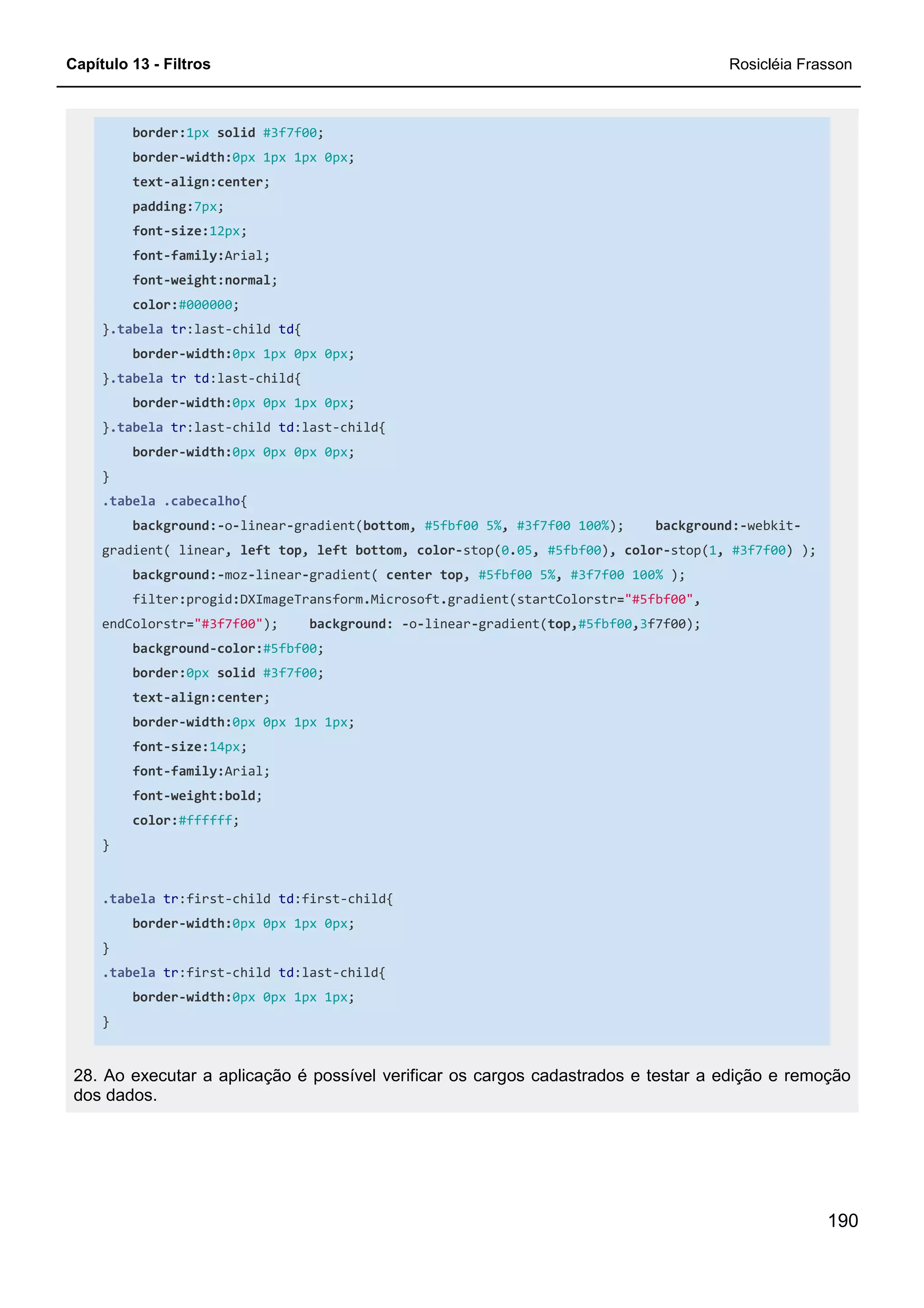 Capítulo 13 - Filtros Rosicléia Frasson
190
border:1px solid #3f7f00;
border-width:0px 1px 1px 0px;
text-align:center;
padding:7px;
font-size:12px;
font-family:Arial;
font-weight:normal;
color:#000000;
}.tabela tr:last-child td{
border-width:0px 1px 0px 0px;
}.tabela tr td:last-child{
border-width:0px 0px 1px 0px;
}.tabela tr:last-child td:last-child{
border-width:0px 0px 0px 0px;
}
.tabela .cabecalho{
background:-o-linear-gradient(bottom, #5fbf00 5%, #3f7f00 100%); background:-webkit-
gradient( linear, left top, left bottom, color-stop(0.05, #5fbf00), color-stop(1, #3f7f00) );
background:-moz-linear-gradient( center top, #5fbf00 5%, #3f7f00 100% );
filter:progid:DXImageTransform.Microsoft.gradient(startColorstr="#5fbf00",
endColorstr="#3f7f00"); background: -o-linear-gradient(top,#5fbf00,3f7f00);
background-color:#5fbf00;
border:0px solid #3f7f00;
text-align:center;
border-width:0px 0px 1px 1px;
font-size:14px;
font-family:Arial;
font-weight:bold;
color:#ffffff;
}
.tabela tr:first-child td:first-child{
border-width:0px 0px 1px 0px;
}
.tabela tr:first-child td:last-child{
border-width:0px 0px 1px 1px;
}
28. Ao executar a aplicação é possível verificar os cargos cadastrados e testar a edição e remoção
dos dados.
 