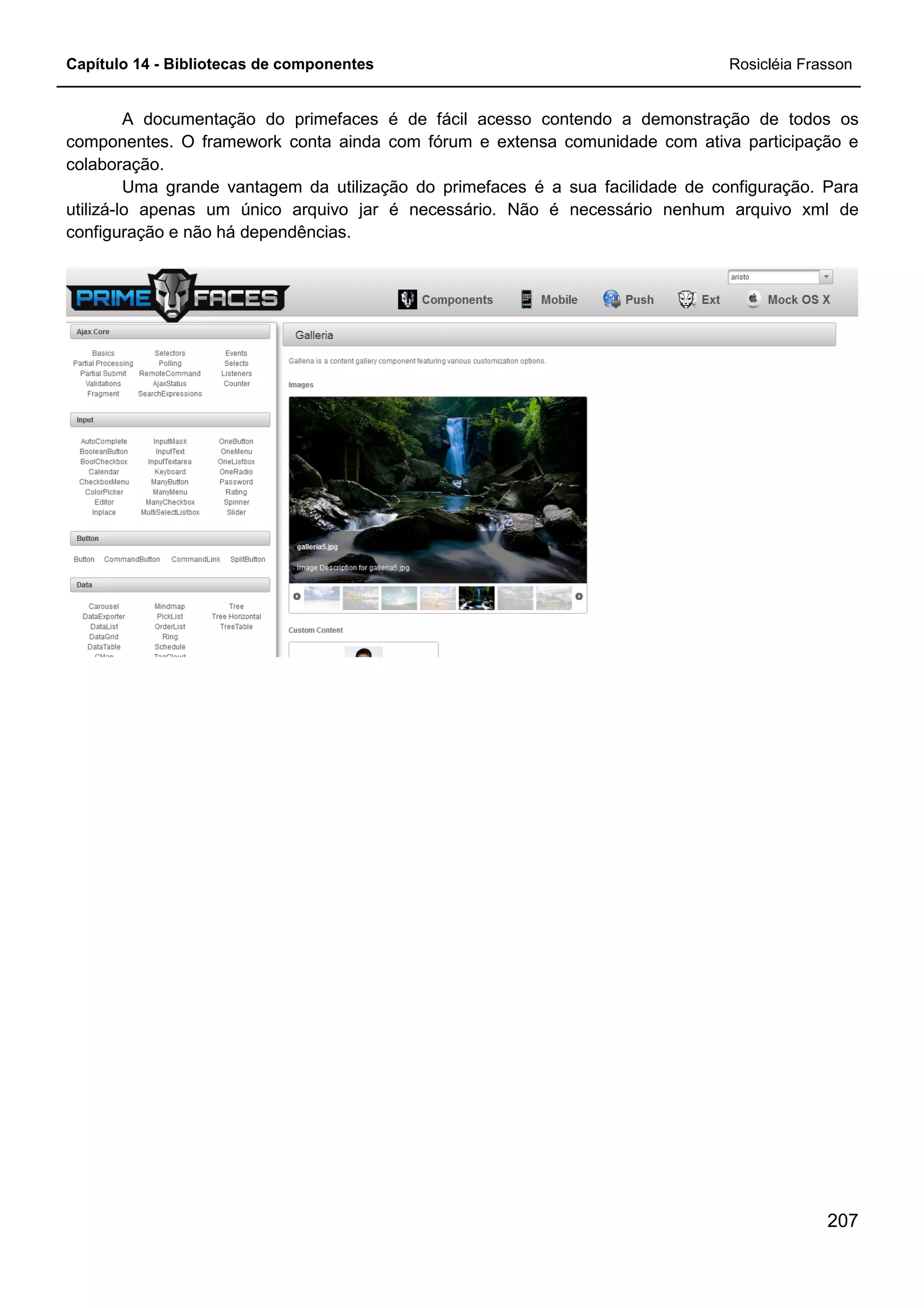 Capítulo 14 - Bibliotecas de componentes Rosicléia Frasson
207
A documentação do primefaces é de fácil acesso contendo a demonstração de todos os
componentes. O framework conta ainda com fórum e extensa comunidade com ativa participação e
colaboração.
Uma grande vantagem da utilização do primefaces é a sua facilidade de configuração. Para
utilizá-lo apenas um único arquivo jar é necessário. Não é necessário nenhum arquivo xml de
configuração e não há dependências.
 
