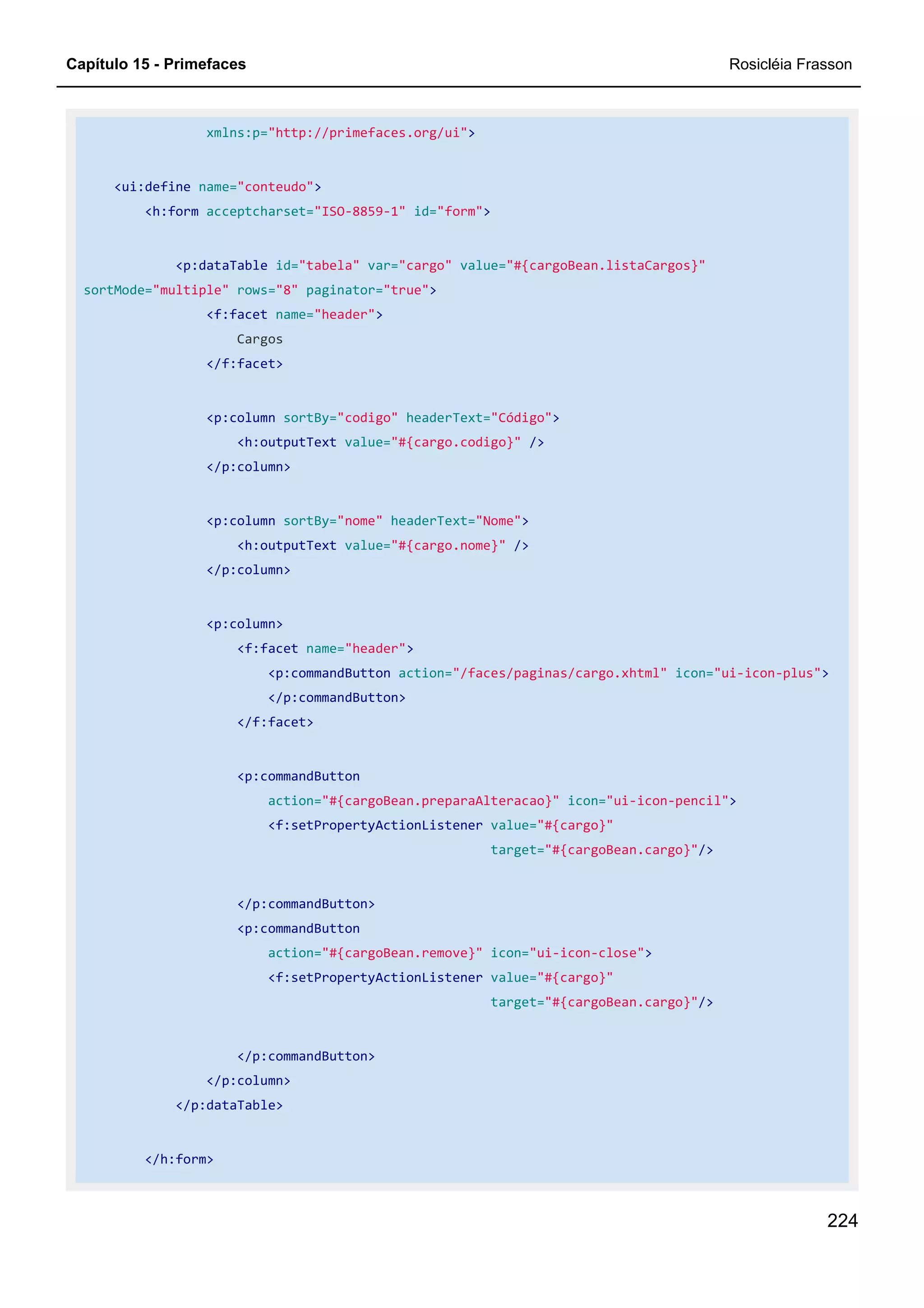 Capítulo 15 - Primefaces Rosicléia Frasson
224
xmlns:p="http://primefaces.org/ui">
<ui:define name="conteudo">
<h:form acceptcharset="ISO-8859-1" id="form">
<p:dataTable id="tabela" var="cargo" value="#{cargoBean.listaCargos}"
sortMode="multiple" rows="8" paginator="true">
<f:facet name="header">
Cargos
</f:facet>
<p:column sortBy="codigo" headerText="Código">
<h:outputText value="#{cargo.codigo}" />
</p:column>
<p:column sortBy="nome" headerText="Nome">
<h:outputText value="#{cargo.nome}" />
</p:column>
<p:column>
<f:facet name="header">
<p:commandButton action="/faces/paginas/cargo.xhtml" icon="ui-icon-plus">
</p:commandButton>
</f:facet>
<p:commandButton
action="#{cargoBean.preparaAlteracao}" icon="ui-icon-pencil">
<f:setPropertyActionListener value="#{cargo}"
target="#{cargoBean.cargo}"/>
</p:commandButton>
<p:commandButton
action="#{cargoBean.remove}" icon="ui-icon-close">
<f:setPropertyActionListener value="#{cargo}"
target="#{cargoBean.cargo}"/>
</p:commandButton>
</p:column>
</p:dataTable>
</h:form>
 