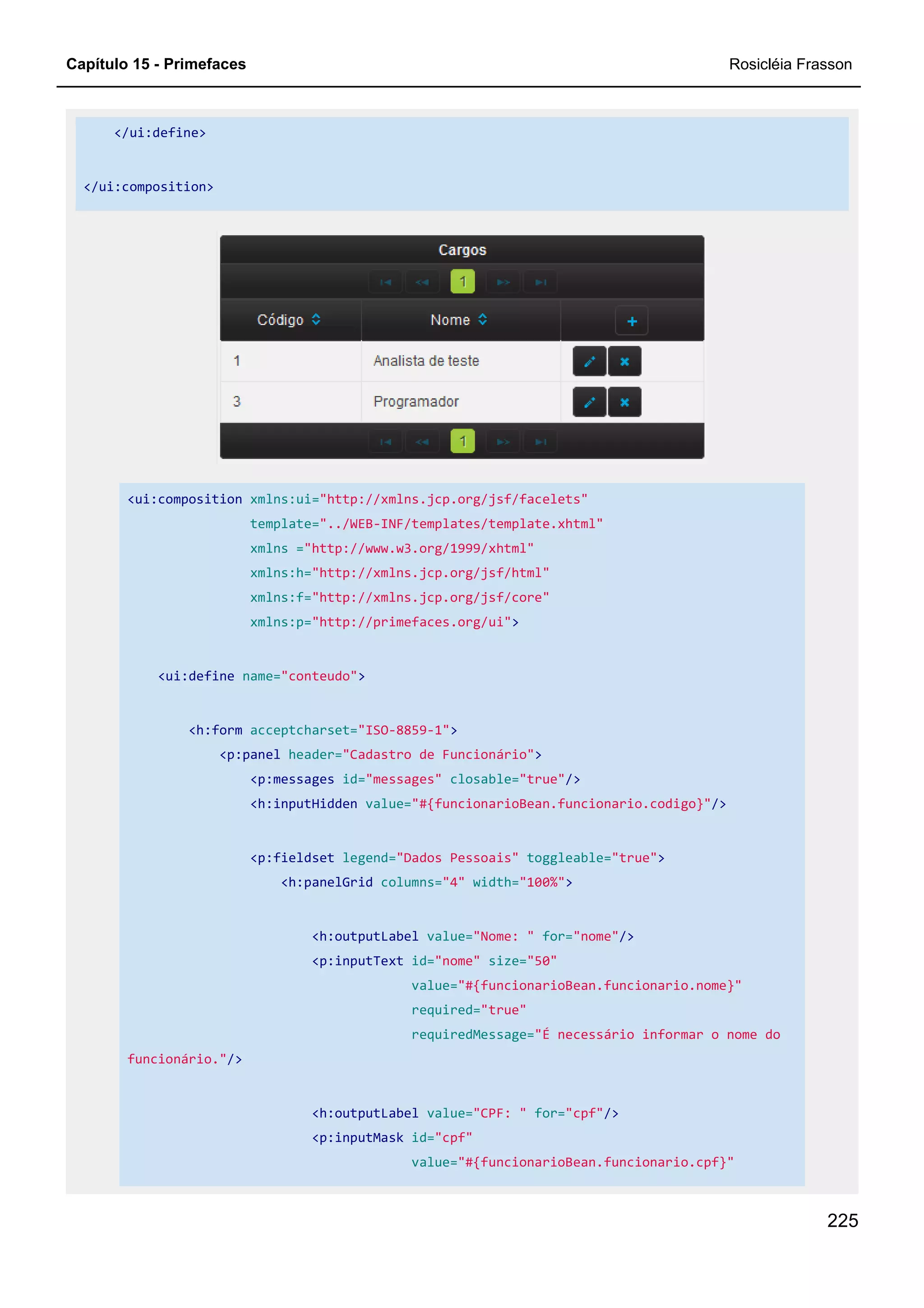 Capítulo 15 - Primefaces Rosicléia Frasson
225
</ui:define>
</ui:composition>
<ui:composition xmlns:ui="http://xmlns.jcp.org/jsf/facelets"
template="../WEB-INF/templates/template.xhtml"
xmlns ="http://www.w3.org/1999/xhtml"
xmlns:h="http://xmlns.jcp.org/jsf/html"
xmlns:f="http://xmlns.jcp.org/jsf/core"
xmlns:p="http://primefaces.org/ui">
<ui:define name="conteudo">
<h:form acceptcharset="ISO-8859-1">
<p:panel header="Cadastro de Funcionário">
<p:messages id="messages" closable="true"/>
<h:inputHidden value="#{funcionarioBean.funcionario.codigo}"/>
<p:fieldset legend="Dados Pessoais" toggleable="true">
<h:panelGrid columns="4" width="100%">
<h:outputLabel value="Nome: " for="nome"/>
<p:inputText id="nome" size="50"
value="#{funcionarioBean.funcionario.nome}"
required="true"
requiredMessage="É necessário informar o nome do
funcionário."/>
<h:outputLabel value="CPF: " for="cpf"/>
<p:inputMask id="cpf"
value="#{funcionarioBean.funcionario.cpf}"
 