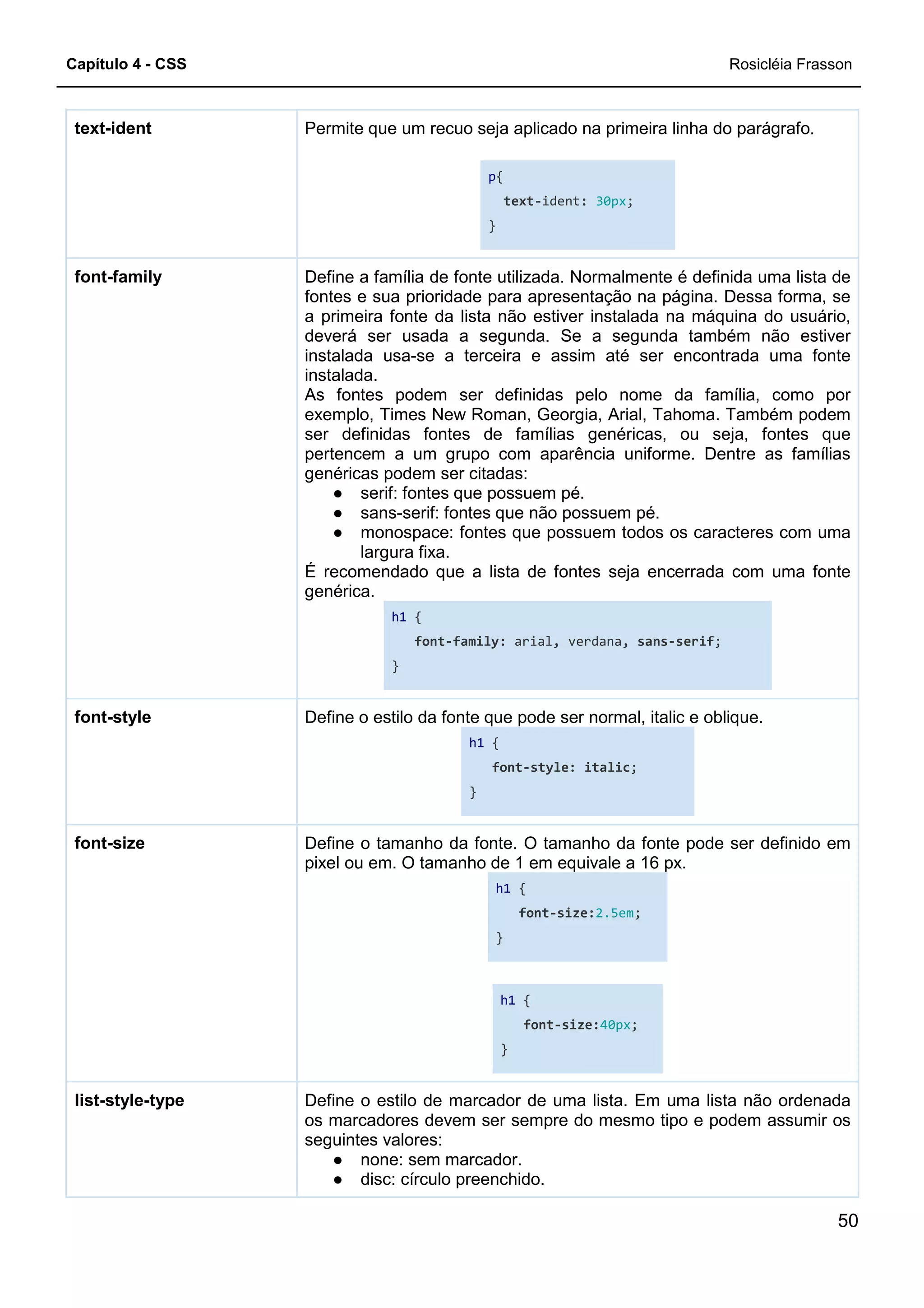 Capítulo 4 - CSS Rosicléia Frasson
50
Permite que um recuo seja aplicado na primeira linha do parágrafo.
p{
text-ident: 30px;
}
text-ident
Define a família de fonte utilizada. Normalmente é definida uma lista de
fontes e sua prioridade para apresentação na página. Dessa forma, se
a primeira fonte da lista não estiver instalada na máquina do usuário,
deverá ser usada a segunda. Se a segunda também não estiver
instalada usa-se a terceira e assim até ser encontrada uma fonte
instalada.
As fontes podem ser definidas pelo nome da família, como por
exemplo, Times New Roman, Georgia, Arial, Tahoma. Também podem
ser definidas fontes de famílias genéricas, ou seja, fontes que
pertencem a um grupo com aparência uniforme. Dentre as famílias
genéricas podem ser citadas:
● serif: fontes que possuem pé.
● sans-serif: fontes que não possuem pé.
● monospace: fontes que possuem todos os caracteres com uma
largura fixa.
É recomendado que a lista de fontes seja encerrada com uma fonte
genérica.
h1 {
font-family: arial, verdana, sans-serif;
}
font-family
Define o estilo da fonte que pode ser normal, italic e oblique.
h1 {
font-style: italic;
}
font-style
Define o tamanho da fonte. O tamanho da fonte pode ser definido em
pixel ou em. O tamanho de 1 em equivale a 16 px.
h1 {
font-size:2.5em;
}
h1 {
font-size:40px;
}
font-size
Define o estilo de marcador de uma lista. Em uma lista não ordenada
os marcadores devem ser sempre do mesmo tipo e podem assumir os
seguintes valores:
● none: sem marcador.
● disc: círculo preenchido.
list-style-type
 