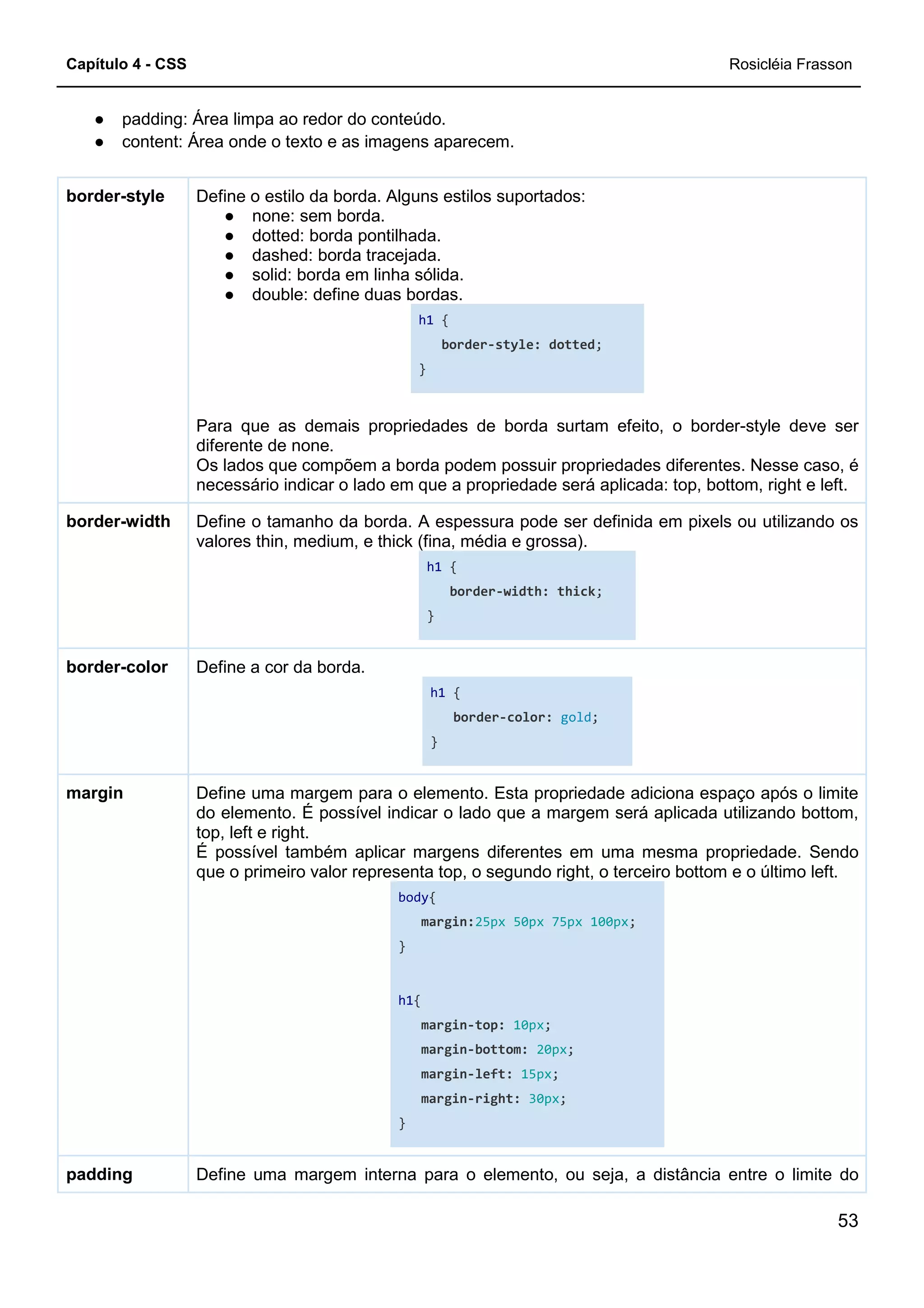 Capítulo 4 - CSS Rosicléia Frasson
53
● padding: Área limpa ao redor do conteúdo.
● content: Área onde o texto e as imagens aparecem.
Define o estilo da borda. Alguns estilos suportados:
● none: sem borda.
● dotted: borda pontilhada.
● dashed: borda tracejada.
● solid: borda em linha sólida.
● double: define duas bordas.
h1 {
border-style: dotted;
}
Para que as demais propriedades de borda surtam efeito, o border-style deve ser
diferente de none.
Os lados que compõem a borda podem possuir propriedades diferentes. Nesse caso, é
necessário indicar o lado em que a propriedade será aplicada: top, bottom, right e left.
border-style
Define o tamanho da borda. A espessura pode ser definida em pixels ou utilizando os
valores thin, medium, e thick (fina, média e grossa).
h1 {
border-width: thick;
}
border-width
Define a cor da borda.
h1 {
border-color: gold;
}
border-color
Define uma margem para o elemento. Esta propriedade adiciona espaço após o limite
do elemento. É possível indicar o lado que a margem será aplicada utilizando bottom,
top, left e right.
É possível também aplicar margens diferentes em uma mesma propriedade. Sendo
que o primeiro valor representa top, o segundo right, o terceiro bottom e o último left.
body{
margin:25px 50px 75px 100px;
}
h1{
margin-top: 10px;
margin-bottom: 20px;
margin-left: 15px;
margin-right: 30px;
}
margin
Define uma margem interna para o elemento, ou seja, a distância entre o limite dopadding
 