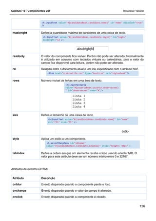 Capítulo 10 - Componentes JSF
<h:inputText
/>
Define a quantidade máxima de caracteres de uma caixa de texto.
<h:inputText
maxlenght="12
maxlenght
O valor do componente fica visível. Porém não pode ser alterado. Normalmente
é utilizado em conjunto com teclados virtuais ou calendários, pois o valor do
campo fica disponível
readonly
Relação entre o documento atual e um link especificado com o atributo href.
<link href=
rel
Número visível de linhas em uma área de texto.rows
Define o tamanho de uma caixa de texto.
<h:inputText
dir="rtl"
size
Aplica um estilo a um
<h:selectManyMenu
value="#{candidatoBean.candidato.idiomas}"
style
Define a ordem em que um elemento recebe o foco usando a tecla TAB. O
valor para este atributo deve ser um número inteiro entre 0 e
tabindex
Atributos de eventos DHTML
DescriçãoAtributo
Evento disparado quando o componente perde o foco.onblur
Evento disparado quando o valor do campo é alterado.onchange
Evento disparado quando o componente é clicado.onclick
<h:inputText value="#{candidatoBean.candidato.nome}" id=
Define a quantidade máxima de caracteres de uma caixa de texto.
<h:inputText value="#{candidatoBean.candidato.login}"
"12 />
O valor do componente fica visível. Porém não pode ser alterado. Normalmente
é utilizado em conjunto com teclados virtuais ou calendários, pois o valor do
campo fica disponível para leitura, porém não pode ser alterado.
Relação entre o documento atual e um link especificado com o atributo href.
href="/css/estilo.css" type="text/css" rel="stylesheet"
Número visível de linhas em uma área de texto.
<h:inputTextarea
value="#{usuarioBean.usuario.observacoes}
" id="observacoes" rows="4"/>
Define o tamanho de uma caixa de texto.
<h:inputText value="#{candidatoBean.candidato.nome}"
"rtl" size="75" />
Aplica um estilo a um componente.
<h:selectManyMenu id="idiomas"
"#{candidatoBean.candidato.idiomas}" style="height: 90px"
Define a ordem em que um elemento recebe o foco usando a tecla TAB. O
valor para este atributo deve ser um número inteiro entre 0 e
Evento disparado quando o componente perde o foco.
Evento disparado quando o valor do campo é alterado.
Evento disparado quando o componente é clicado.
Rosicléia Frasson
126
id="nome" disabled="true"
Define a quantidade máxima de caracteres de uma caixa de texto.
id="login"
O valor do componente fica visível. Porém não pode ser alterado. Normalmente
é utilizado em conjunto com teclados virtuais ou calendários, pois o valor do
para leitura, porém não pode ser alterado.
Relação entre o documento atual e um link especificado com o atributo href.
"stylesheet"/>
"#{usuarioBean.usuario.observacoes}
"#{candidatoBean.candidato.nome}" id="nome"
"height: 90px" >
Define a ordem em que um elemento recebe o foco usando a tecla TAB. O
valor para este atributo deve ser um número inteiro entre 0 e 32767.
 