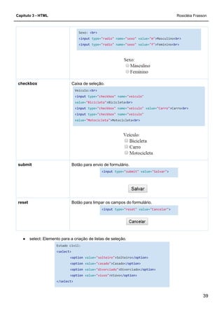 Capítulo 3 - HTML
Sexo:
<input
<input
Caixa de seleção.
Veículo:
<input
value=
<input
<input
value=
checkbox
Botão para envio de formulário.submit
Botão para limpar os campos do formulário.reset
● select: Elemento para a criação de listas de seleção.
Estado civil:
<select>
<option
<option
<option
<option
</select>
Sexo: <br>
<input type="radio" name="sexo" value="m">Masculino
<input type="radio" name="sexo" value="f">Feminino
Caixa de seleção.
Veículo:<br>
<input type="checkbox" name="veiculo"
value="Bicicleta">Bicicleta<br>
<input type="checkbox" name="veiculo" value="Carro"
<input type="checkbox" name="veiculo"
value="Motocicleta">Motocicleta<br>
Botão para envio de formulário.
<input type="submit" value="Salvar"
Botão para limpar os campos do formulário.
<input type="reset" value="Cancelar"
select: Elemento para a criação de listas de seleção.
<option value="solteiro">Solteiro</option>
<option value="casado">Casado</option>
option value="divorciado">Divorciado</option>
<option value="viuvo">Viúvo</option>
Rosicléia Frasson
39
Masculino<br>
Feminino<br>
"Carro">Carro<br>
"Salvar">
"Cancelar">
 