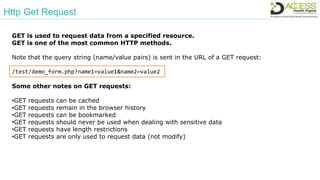 Http Get Request
GET is used to request data from a specified resource.
GET is one of the most common HTTP methods.
Note that the query string (name/value pairs) is sent in the URL of a GET request:
/test/demo_form.php?name1=value1&name2=value2
Some other notes on GET requests:
•GET requests can be cached
•GET requests remain in the browser history
•GET requests can be bookmarked
•GET requests should never be used when dealing with sensitive data
•GET requests have length restrictions
•GET requests are only used to request data (not modify)
 