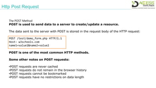 Http Post Request
The POST Method
POST is used to send data to a server to create/update a resource.
The data sent to the server with POST is stored in the request body of the HTTP request:
POST /test/demo_form.php HTTP/1.1
Host: w3schools.com
name1=value1&name2=value2
POST is one of the most common HTTP methods.
Some other notes on POST requests:
•POST requests are never cached
•POST requests do not remain in the browser history
•POST requests cannot be bookmarked
•POST requests have no restrictions on data length
 