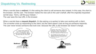 Dispatching Vs. Redirecting
When a servlet does a redirect, it’s like asking the client to call someone else instead. In this case, the client is
the browser, not the user. The browser makes the new call on the user’s behalf, after the originally-requested
servlet says, “Sorry, call this guy instead...”
The user sees the new URL in the browser.
When a servlet does a request dispatch, it’s like asking a co-worker to take over working with a client.
The co-worker ends up responding to the client, but the client doesn’t care as long as someone responds.
The user never knows someone else took over, because the URL in the browser bar doesn’t change.
 