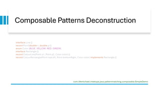 Composable Patterns Deconstruction
interface Line {}
record Point(double x, double y) {}
enum Color {BLUE, YELLOW, RED, GREEN}
interface Rectangle {}
record ColourLine(Point p1, Point p2, Color color) {}
record ColourRectangle(Point topLeft, Point bottomRight, Color color) implements Rectangle {}
com.lifemichael.meetups.java.patternmatching.composable.SimpleDemo
 