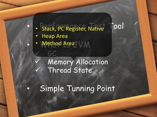 • Performance Test Tool
• What Is JVM
 GC
 Memory Allocation
 Thread State
• Simple Tunning Point
• Stack, PC Register, Native
• Heap Area
• Method Area
 
