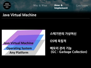 OPEN
SNS
Why & What ConclusionHow &
Implement
Java Virtual Machine
스택기반의 가상머신
OS에 독립적
메모리 관리 기능
(GC : Garbage Collection)
 