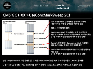 OPEN
SNS
Why & What ConclusionHow &
Implement
CMS GC (-XX:+UseConcMarkSweepGC)
초기 Initial Mark 단계에서는 클래스로더에서
가장 가까운 객체 중 살아있는 객체만 찾음
멈추는 시간이 매우 짧다
Concurrent Mark 단계에서는 방금 살아있다고
확인한 객체에서 참조하고 있는 객체를 따라가며 확인
(다른 스레드가 실행중인 상태에서 동시 진행)
Remark 단계에서는 Concurrent Mark 단계에서
새로 추가되거나 참조가 끊긴 객체를 확인
Concurrent Sweep 단계에서는 쓰레기를 정리하는
작업 실행
(다른 스레드가 실행중인 상태에서 동시 진행)
장점 : stop-the-world 시간이 매우 짧다. 모든 Application의 응답 속도가 매우 중요할때 CMS GC를 사용
단점 : 다른 GC 방식보다 메모리와 CPU를 많이 사용하며, compaction 단계가 기본적으로 제공되지 않음
 